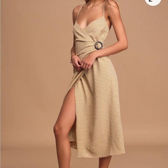 Lulus Dresses & Skirts - Lulus Sunshine On the Mind Mustard Yellow Gingham Wrap Midi Dress Small